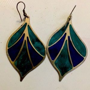 A pair of green and blue wired  leaf earrings